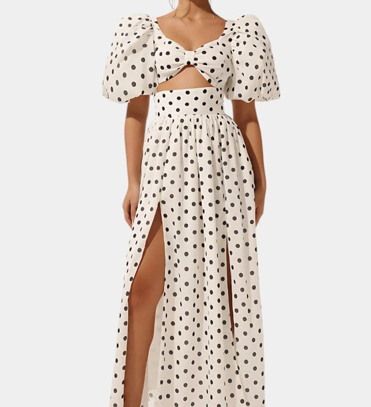 Sherine | Polka Dot svārku un krekla komplekts ar pūkainām piedurknēm