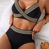 Bikini Grieķu Atslēga Bustier ar Krustotu Dizainu un Augstu Jostasvietu