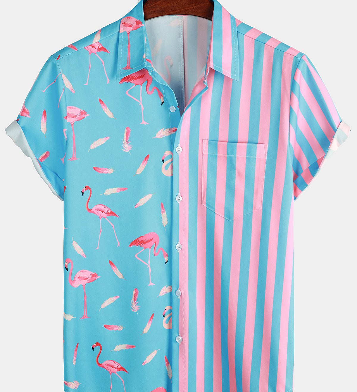 Rozā vīriešu krekls ar īsām piedurknēm un flamingo motīvu
